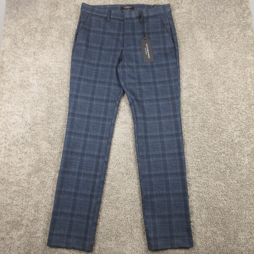 Liverpool Jeans Pants Mens 35x34 Blue Plaid Tartan Stretch Trousers NEW